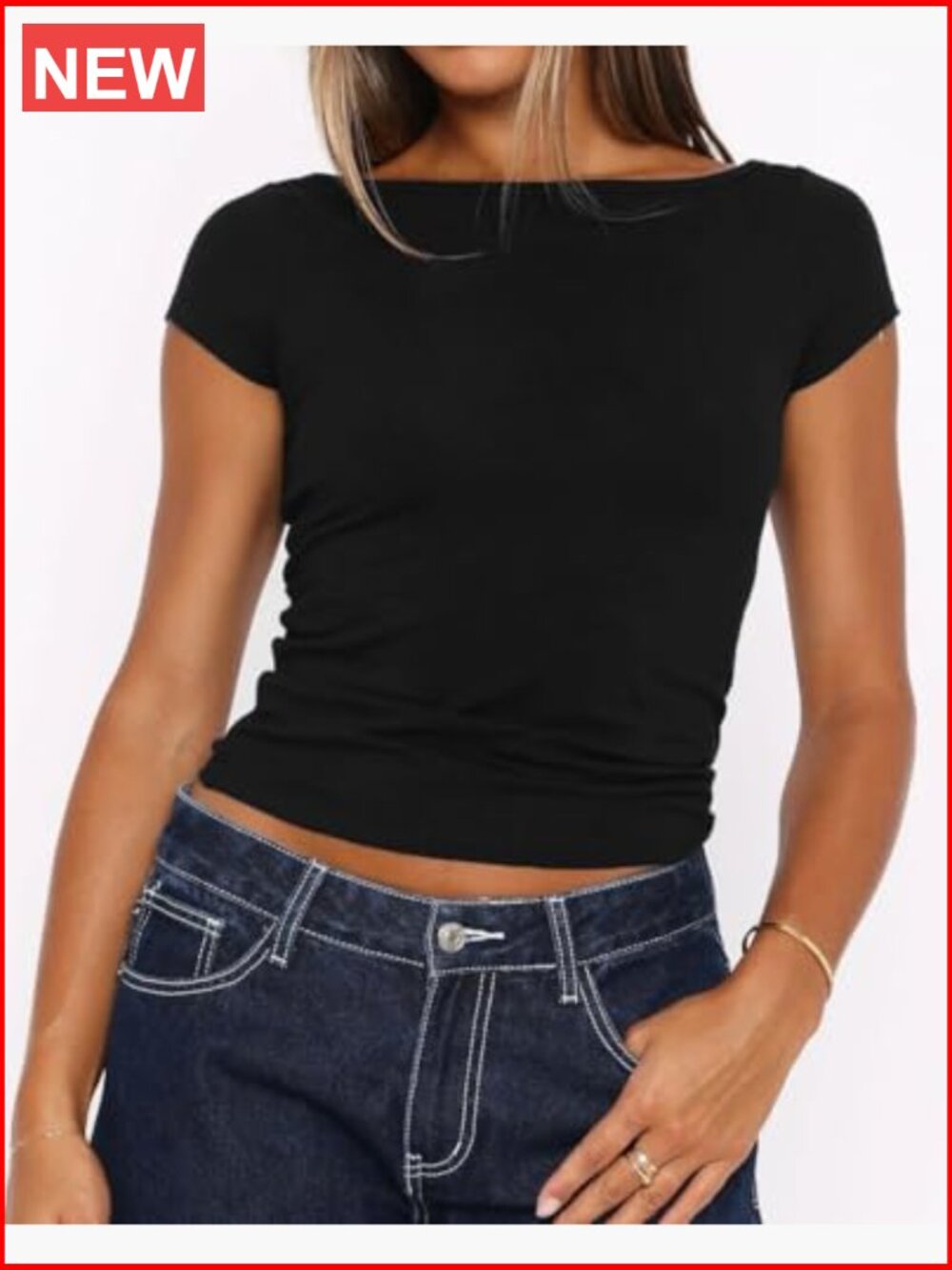 Boat Neck Short Sleeve T-Shirt Y2K Going Out Top Summer Baby Tee - Picture 6 of 7